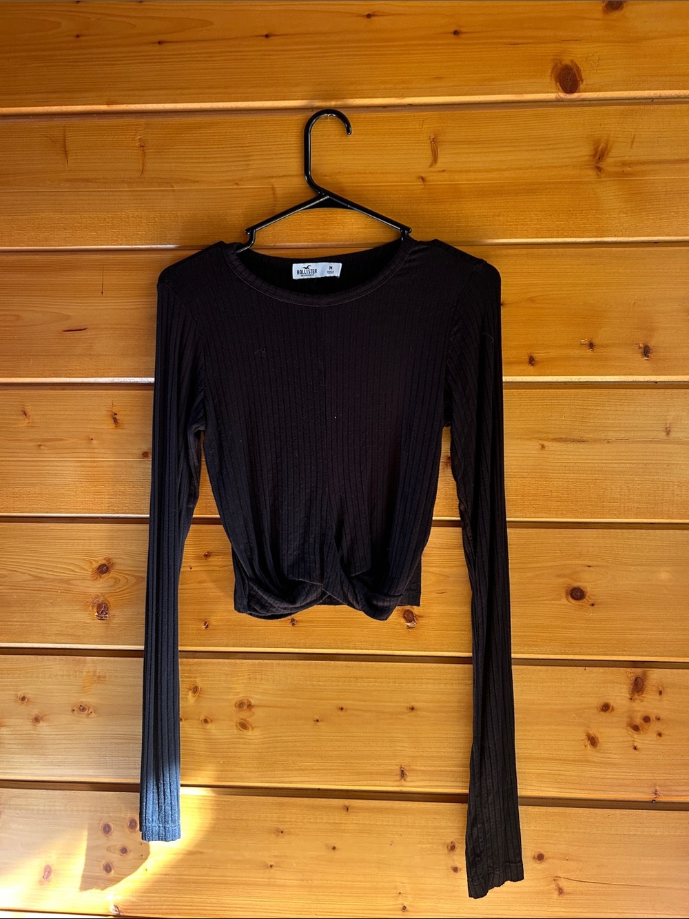 Hollister Black Ribbed Long-Sleeve Knot Front Top